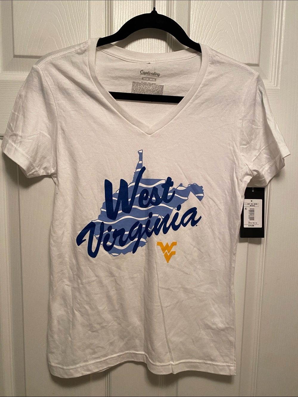 Captivating West Virginia Script Graphic Tee - White with Blue & Gold…size M